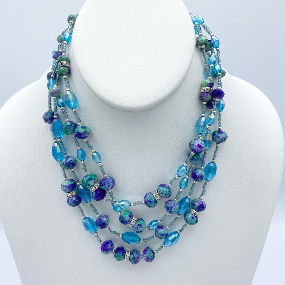 Blue Glass Multi Faceted Beaded & Seed Bead Rhinestone Multi Strand Necklace